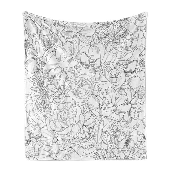 Floral Soft Flannel Fleece Throw Blanket, Botanical Artwork of Hand Drawn Elements Petals Garden Art Layout, Cozy Plush for Indoor and Outdoor Use, 60" x 80", Dark Grey and White, by Ambesonne