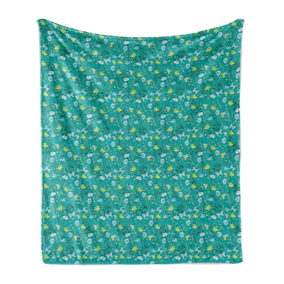 Floral Soft Flannel Fleece Throw Blanket, Botanical Pattern Colorful Meadow Flowers and Flying Butterflies, Cozy Plush for Indoor and Outdoor Use, 50" x 70", Dark Seafoam and Multicolor, by Ambesonne