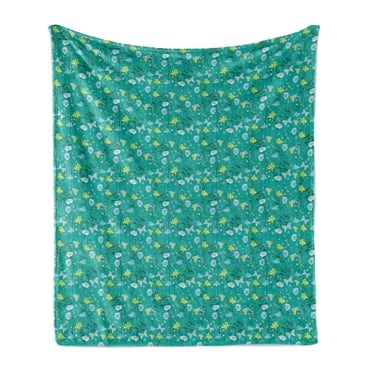 Floral Soft Flannel Fleece Throw Blanket, Botanical Pattern Colorful Meadow Flowers and Flying Butterflies, Cozy Plush for Indoor and Outdoor Use, 60" x 80", Dark Seafoam and Multicolor, by Ambesonne