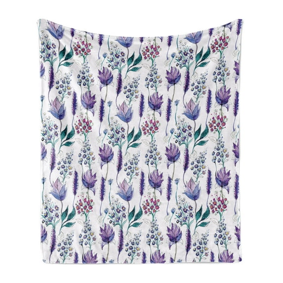 Floral Soft Flannel Fleece Throw Blanket, Botanical Plants Beauty Exotic Flowers Violets Bluebells Watercolor, Cozy Plush for Indoor and Outdoor Use, 50" x 70", Lavender Plum Jade Green, by Ambesonne