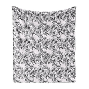 Floral Soft Flannel Fleece Throw Blanket, Botanical Theme Hand Drawn Like Illustration Blossoms Sketch Natural Art, Cozy Plush for Indoor and Outdoor Use, 70" x 90", Charcoal Grey White, by Ambesonne
