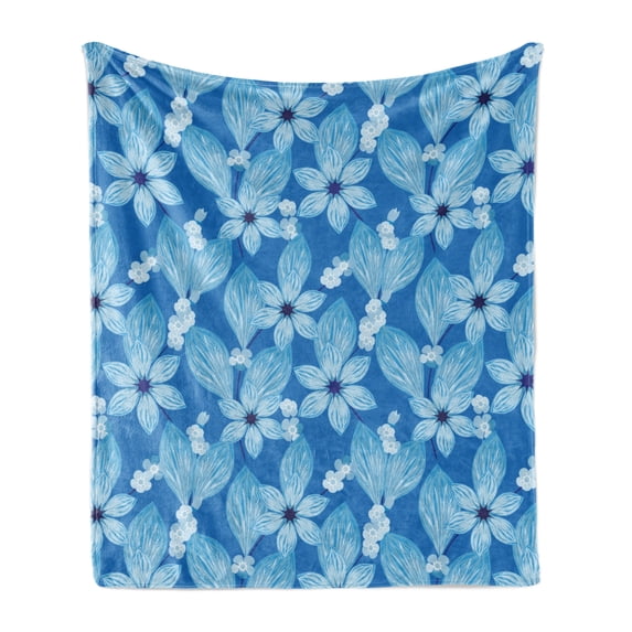 Floral Soft Flannel Fleece Throw Blanket, Botanical Top View of Flower Petals Blossoming in Monochrome Style, Cozy Plush for Indoor and Outdoor Use, 50" x 60", Azure Blue Pale Blue, by Ambesonne