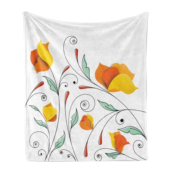 Floral Soft Flannel Fleece Throw Blanket, Bouquet with Swirled Branches Romantic Paper Flowers Origami Autumn Blooms Image, Cozy Plush for Indoor and Outdoor Use, 50" x 70", Mint Orange, by Ambesonne