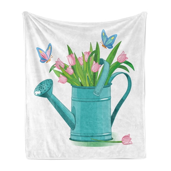 Floral Soft Flannel Fleece Throw Blanket, Bouquet of Tulips in Watering Can with Cartoon Style Butterflies Gardening Theme, Cozy Plush for Indoor and Outdoor Use, 50" x 70", Multicolor, by Ambesonne