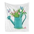 thumbnail image 1 of Floral Soft Flannel Fleece Throw Blanket, Bouquet of Tulips in Watering Can with Cartoon Style Butterflies Gardening Theme, Cozy Plush for Indoor and Outdoor Use, 70" x 90", Multicolor, by Ambesonne, 1 of 5