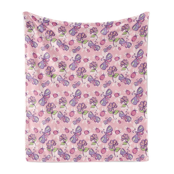 Floral Soft Flannel Fleece Throw Blanket, Butterflies Flowers Cartoon Kids Girls Baby Playroom Nursery Theme, Cozy Plush for Indoor and Outdoor Use, 50" x 70", Pale Pink Lavender, by Ambesonne