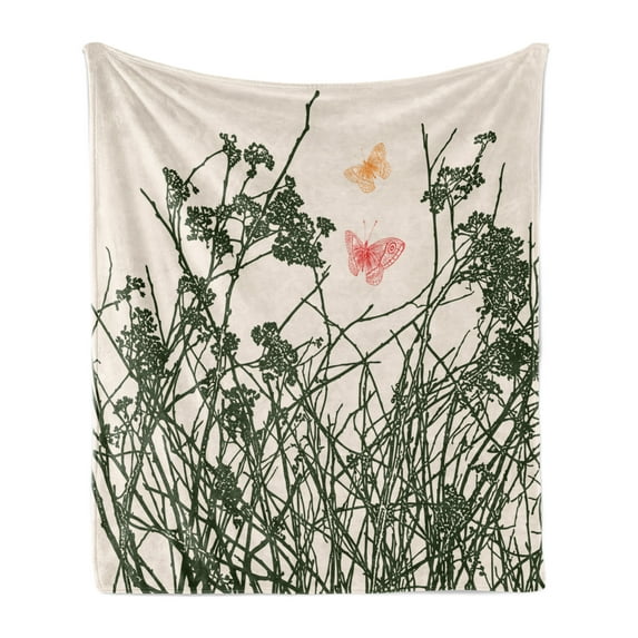 Floral Soft Flannel Fleece Throw Blanket, Butterflies Herbs Drawing on Pastel Tone Backdrop Illustration Print, Cozy Plush for Indoor and Outdoor Use, 60" x 80", Pale Eggshell Emerald, by Ambesonne