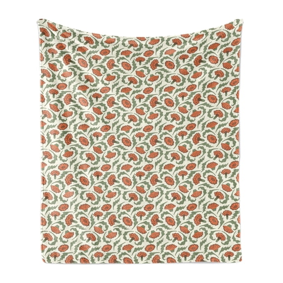Floral Soft Flannel Fleece Throw Blanket, Carnation Flowers Curlicue Leaves Vintage Image, Cozy Plush for Indoor and Outdoor Use, 70" x 90", Cream Multicolor, by Ambesonne