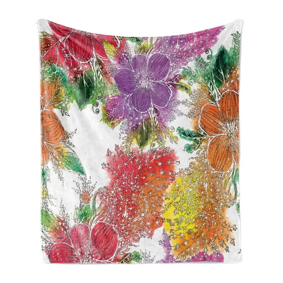 Floral Soft Flannel Fleece Throw Blanket, Chaotic Design Illustration of Abstract Colorful Flowers in Watercolor Effect, Cozy Plush for Indoor and Outdoor Use, 70" x 90", Multicolor, by Ambesonne