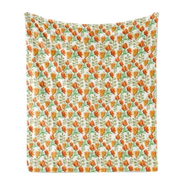 Floral Soft Flannel Fleece Throw Blanket, Charming Blossom Garden Field Spring Branches Watercolor Artwork, Cozy Plush for Indoor and Outdoor Use, 60" x 80", Forest Green Vermilion, by Ambesonne