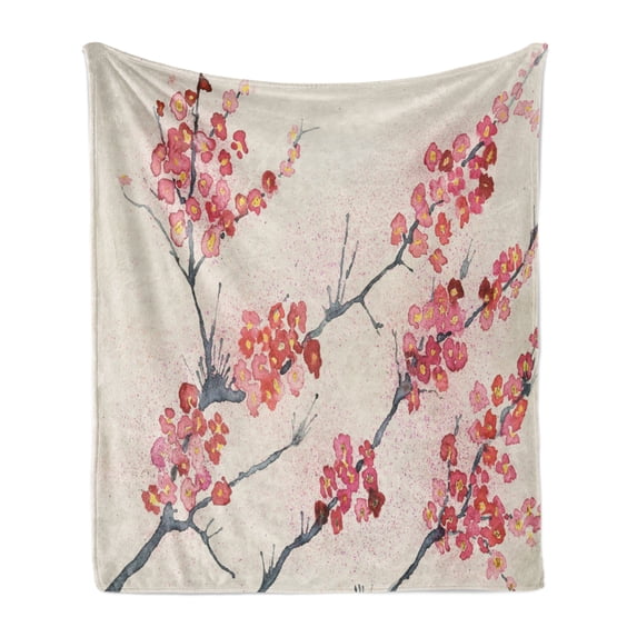 Floral Soft Flannel Fleece Throw Blanket, Cherry Blossoms Sakura Eastern Old Style Painting Print Vintage Theme, Cozy Plush for Indoor and Outdoor Use, 60" x 80", Pink Beige Grey, by Ambesonne