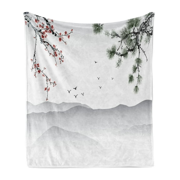 Floral Soft Flannel Fleece Throw Blanket, Chinese Painting Style Artwork Tree Branches Birds Mountains Landscape Art, Cozy Plush for Indoor and Outdoor Use, 50" x 70", Red Green Black, by Ambesonne