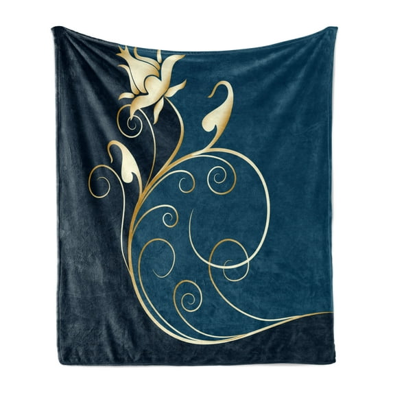 Floral Soft Flannel Fleece Throw Blanket, Classic Ornamental Swirled Flower Beauty with Curved Petals Design, Cozy Plush for Indoor and Outdoor Use, 50" x 70", Petrol Blue Dark Blue, by Ambesonne