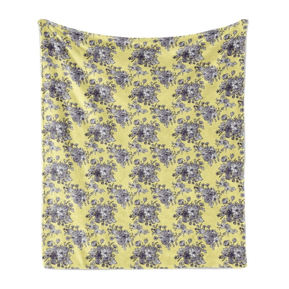 Floral Soft Flannel Fleece Throw Blanket, Classic Retro Design Bouquet Buds Petals Leaf Blossoming Pastel, Cozy Plush for Indoor and Outdoor Use, 50" x 70", Pale Yellow and Dark Purple, by Ambesonne