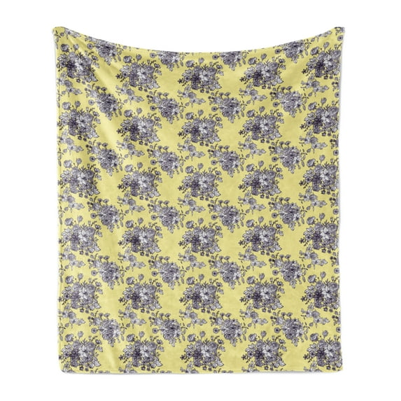 Floral Soft Flannel Fleece Throw Blanket, Classic Retro Design Bouquet Buds Petals Leaf Blossoming Pastel, Cozy Plush for Indoor and Outdoor Use, 70" x 90", Pale Yellow and Dark Purple, by Ambesonne