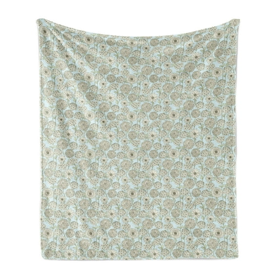 Floral Soft Flannel Fleece Throw Blanket, Close up View of Burgeoning Flowers and Leaves on Branches, Cozy Plush for Indoor and Outdoor Use, 50" x 70", Baby Blue Pastel Green, by Ambesonne