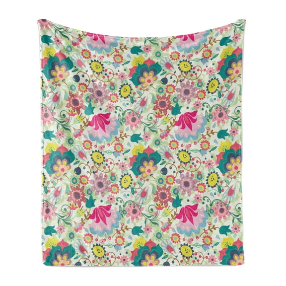 Floral Soft Flannel Fleece Throw Blanket, Colorful Botanical Motifs with Various Flowers and Leaves, Cozy Plush for Indoor and Outdoor Use, 50" x 60", Multicolor, by Ambesonne