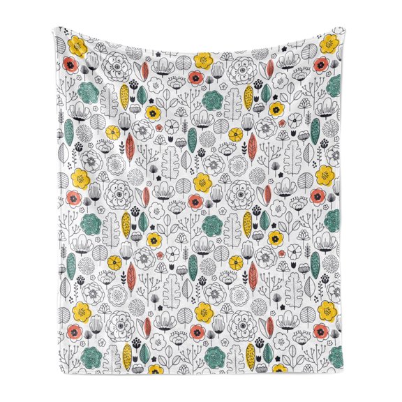 Floral Soft Flannel Fleece Throw Blanket, Colorful Summer Flowers and Leaves Designed in Scandinavian Pattern Art, Cozy Plush for Indoor and Outdoor Use, 60" x 80", White and Multicolor, by Ambesonne