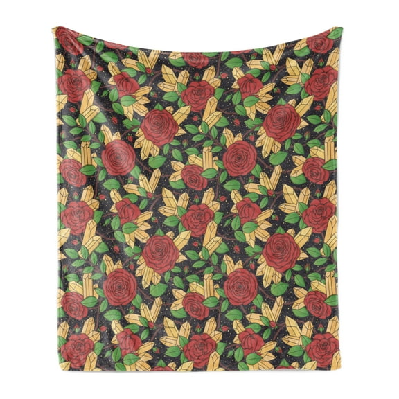 Floral Soft Flannel Fleece Throw Blanket, Composition of Buds Roses Leaves and Crystals, Cozy Plush for Indoor and Outdoor Use, 60" x 80", Multicolor, by Ambesonne