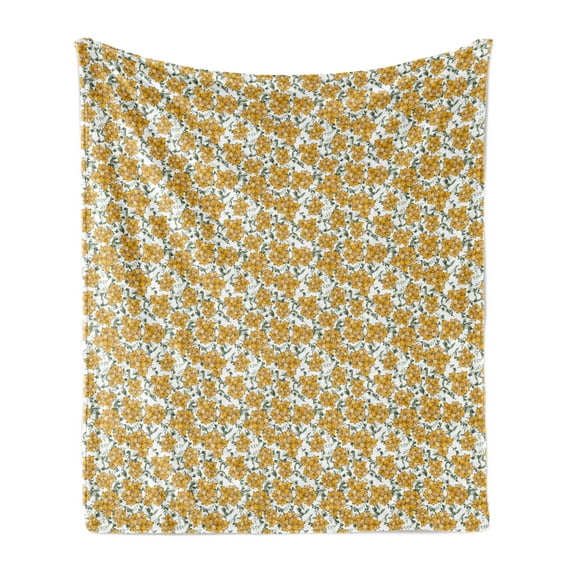 Floral Soft Flannel Fleece Throw Blanket, Computer Graphics Arrangements Flowers and Leaves on Plain Background, Cozy Plush for Indoor and Outdoor Use, 70" x 90", Pale Orange and White, by Ambesonne