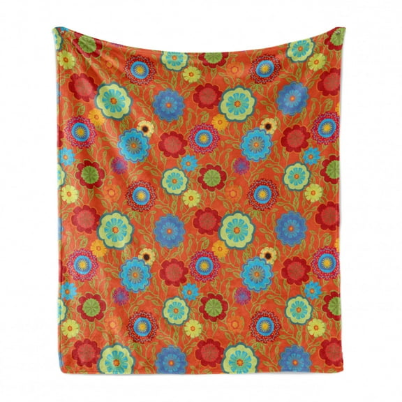 Floral Soft Flannel Fleece Throw Blanket, Continuous Artwork Abstract Flowers and Outline Curls Leaves Print, Cozy Plush for Indoor and Outdoor Use, 50" x 70", Burnt Orange Multicolor, by Ambesonne
