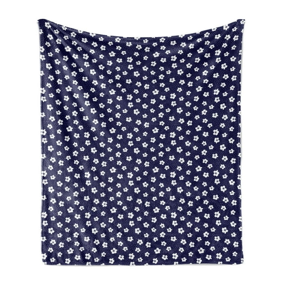Floral Soft Flannel Fleece Throw Blanket, Continuous Pattern of Flowers and Dots and Blossoming Vintage Design, Cozy Plush for Indoor and Outdoor Use, 60" x 80", Indigo and White, by Ambesonne