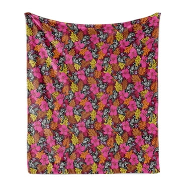 Floral Soft Flannel Fleece Throw Blanket, Continuous Pattern of Hibiscus Flowers with Monochrome Tigers and Tropic Leaves, Cozy Plush for Indoor and Outdoor Use, 50" x 60", Multicolor, by Ambesonne