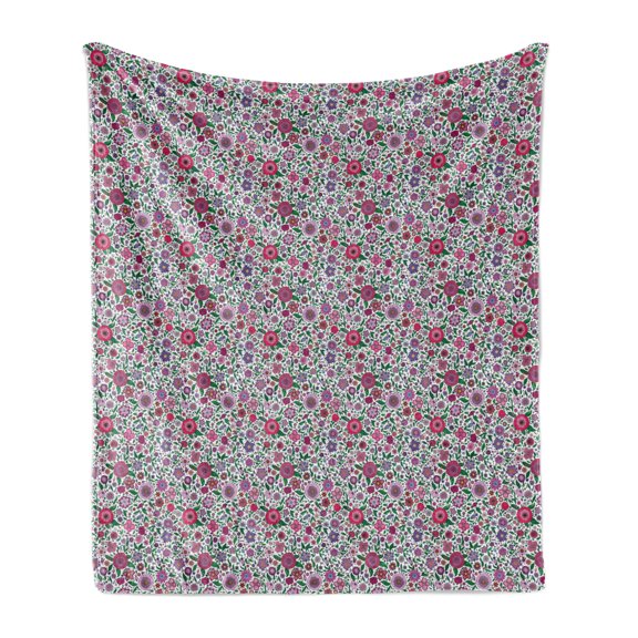 Floral Soft Flannel Fleece Throw Blanket, Continuous Pointed Petals Pink Flowers Illustration Print on Plain Backdrop, Cozy Plush for Indoor and Outdoor Use, 50" x 60", White Multicolor, by Ambesonne