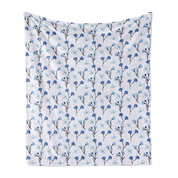 Floral Soft Flannel Fleece Throw Blanket, Cornflowers and Dragonflies on Pastel Background, Cozy Plush for Indoor and Outdoor Use, 70" x 90", Purple Sea Blue, by Ambesonne
