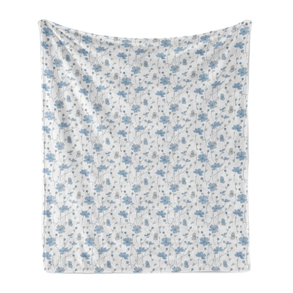 Floral Soft Flannel Fleece Throw Blanket, Cosmos Flowers Blue Grey Tones Simplistic and Continuous Composition, Cozy Plush for Indoor and Outdoor Use, 50" x 60", Off White and Sea Blue, by Ambesonne