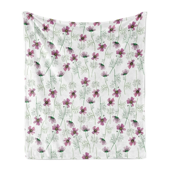 Floral Soft Flannel Fleece Throw Blanket, Cosmos Flowers Wild Rural Field Blossoms in Pink Floriculture Summer Garden, Cozy Plush for Indoor and Outdoor Use, 70" x 90", Pink Green White, by Ambesonne