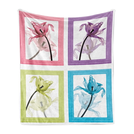 Floral Soft Flannel Fleece Throw Blanket, Delicate Abstract Style Colored Flowers in Square Frames Creative Image, Cozy Plush for Indoor and Outdoor Use, 50" x 70", Multicolor, by Ambesonne