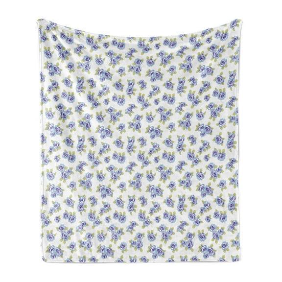Floral Soft Flannel Fleece Throw Blanket, Delicate Flowers and Leaves Botanical Art, Cozy Plush for Indoor and Outdoor Use, 50" x 70", Ceil Blue White, by Ambesonne