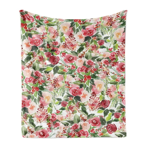Floral Soft Flannel Fleece Throw Blanket, Delicate Vibrant Colors Roses Bouquet and Berries Art, Cozy Plush for Indoor and Outdoor Use, 50" x 60", Green Pink, by Ambesonne