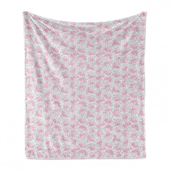 Floral Soft Flannel Fleece Throw Blanket, Design of Blossoming Flowers in Pastel Tones, Cozy Plush for Indoor and Outdoor Use, 50" x 60", Pale Pink Ceil Blue, by Ambesonne