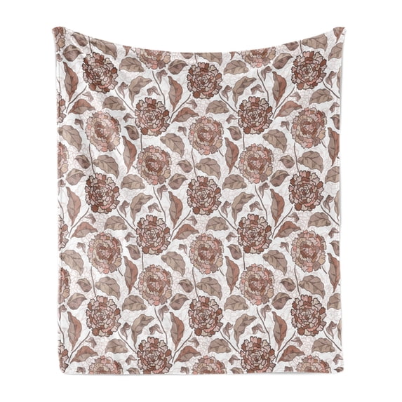 Floral Soft Flannel Fleece Throw Blanket, Earth Tones Blossom Chrysanthemums Cottage Foliage Ornamental Pattern, Cozy Plush for Indoor and Outdoor Use, 70" x 90", Warm Taupe Umber Blush, by Ambesonne