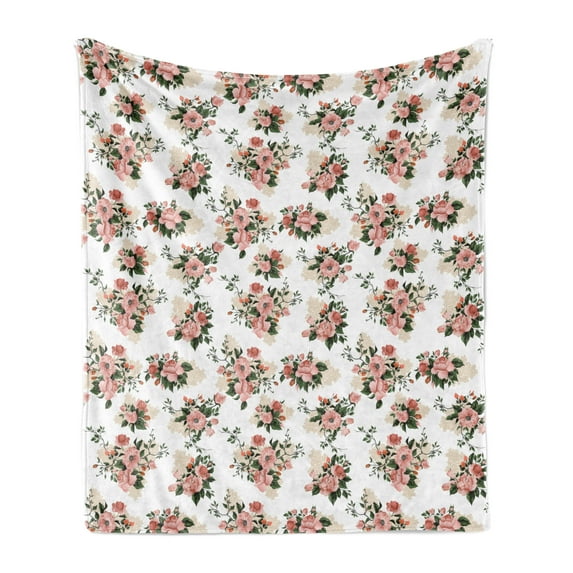 Floral Soft Flannel Fleece Throw Blanket, English Garden Feminine Delicate Pansy Flowers, Cozy Plush for Indoor and Outdoor Use, 60" x 80", Dried Rose Beige, by Ambesonne
