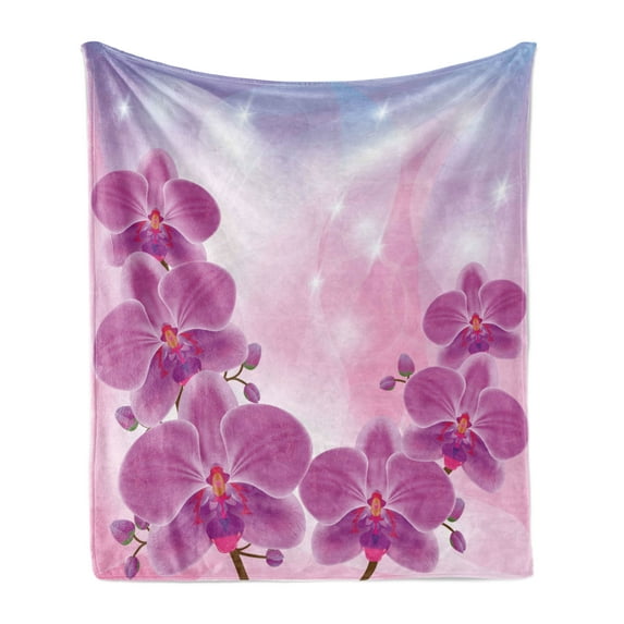 Floral Soft Flannel Fleece Throw Blanket, Exotic Orchid Flowers Flourishing on Abstract Background Circles Stars, Cozy Plush for Indoor and Outdoor Use, 70" x 90", Purple Pale Pink Blue, by Ambesonne