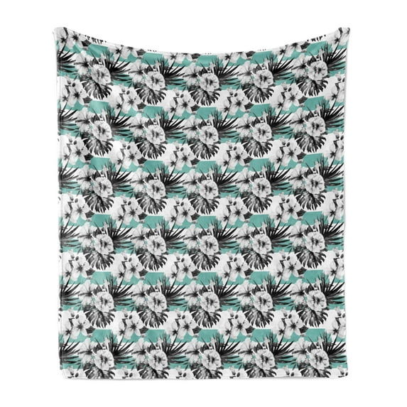 Floral Soft Flannel Fleece Throw Blanket, Exotic Watercolor Hibiscus Flower Graphic Art Print Tropical Inspired Boho, Cozy Plush for Indoor and Outdoor Use, 50" x 60", Grey White Teal, by Ambesonne