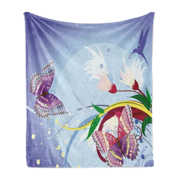 Floral Soft Flannel Fleece Throw Blanket, Fantasy Themed Graphic Flowers Butterflies and a Bird Colorful Composition, Cozy Plush for Indoor and Outdoor Use, 50" x 70", Multicolor, by Ambesonne