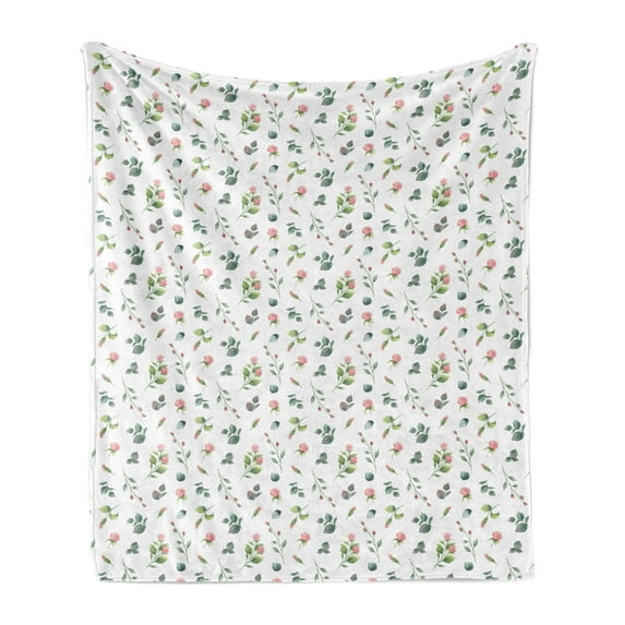 Floral Soft Flannel Fleece Throw Blanket, Feminine Romantic Look Watercolor Look Roses and Leaves, Cozy Plush for Indoor and Outdoor Use, 60" x 80", Laurel Green White, by Ambesonne