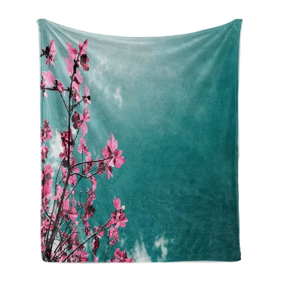 Floral Soft Flannel Fleece Throw Blanket, Fig Tree Florets with Sunny Sky Exotic Summer Spring Plants Scenic Nature View, Cozy Plush for Indoor and Outdoor Use, 60" x 80", Teal Hot Pink, by Ambesonne