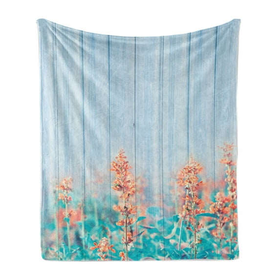 Floral Soft Flannel Fleece Throw Blanket, Flourishing Flowers Floral Blooms Garden Country House on Oak Plank Image Art, Cozy Plush for Indoor and Outdoor Use, 70" x 90", Coral Sky Blue, by Ambesonne