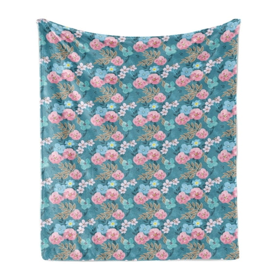 Floral Soft Flannel Fleece Throw Blanket, Flourishing Flowers with Leaves Watercolor, Cozy Plush for Indoor and Outdoor Use, 70" x 90", Sea Blue Pale Pink, by Ambesonne