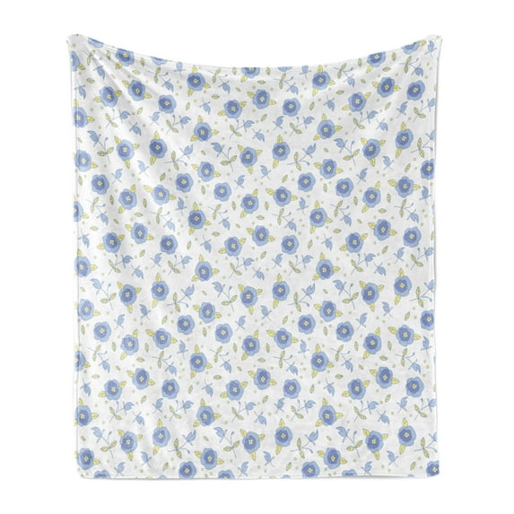 Floral Soft Flannel Fleece Throw Blanket, Flourishing Summer Rose Flowers in Blue Colors Leaves Dots, Cozy Plush for Indoor and Outdoor Use, 70" x 90", Pale Yellow Blue Violet, by Ambesonne