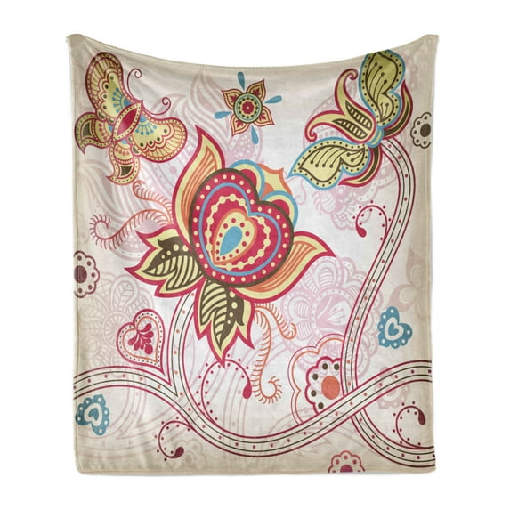 Floral Soft Flannel Fleece Throw Blanket, Flower and Butterfly Floral Arragement Design Print, Cozy Plush for Indoor and Outdoor Use, 60" x 80", Pink Beige Khaki, by Ambesonne