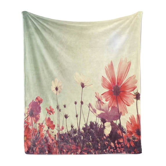Floral Soft Flannel Fleece Throw Blanket, Flower Garden with Open Sky and Vintage Cosmos Plant Artwork Photo, Cozy Plush for Indoor and Outdoor Use, 70" x 90", Sky Blue and Dark Coral, by Ambesonne