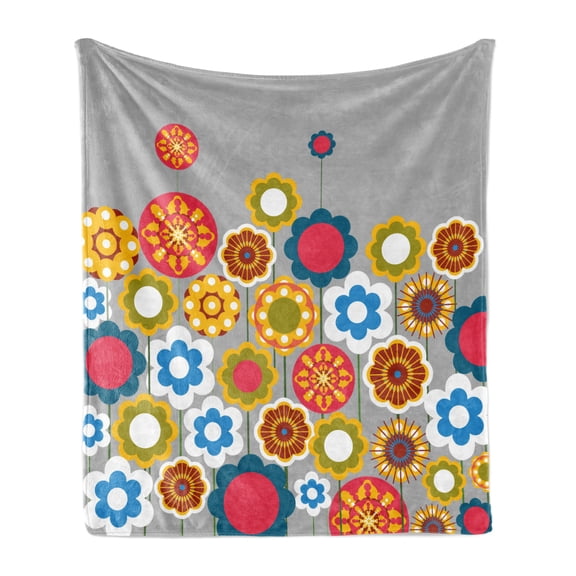 Floral Soft Flannel Fleece Throw Blanket, Flower Heads in Circular Shapes Modern Colorful Summer Girls Graphic Print, Cozy Plush for Indoor and Outdoor Use, 50" x 70", Multicolor, by Ambesonne