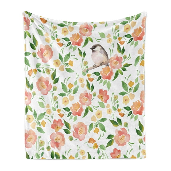 Floral Soft Flannel Fleece Throw Blanket, Flower Petals Blossoms Leaves and Bird Sitting Vintage Inspired Image, Cozy Plush for Indoor and Outdoor Use, 70" x 90", Coral Fern Green White, by Ambesonne