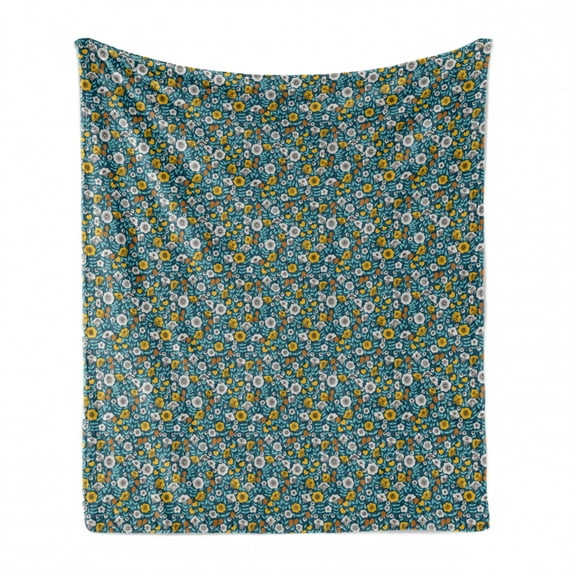 Floral Soft Flannel Fleece Throw Blanket, Flowers Feminine Vintage English Blossoms, Cozy Plush for Indoor and Outdoor Use, 70" x 90", Sea Blue Mustard, by Ambesonne